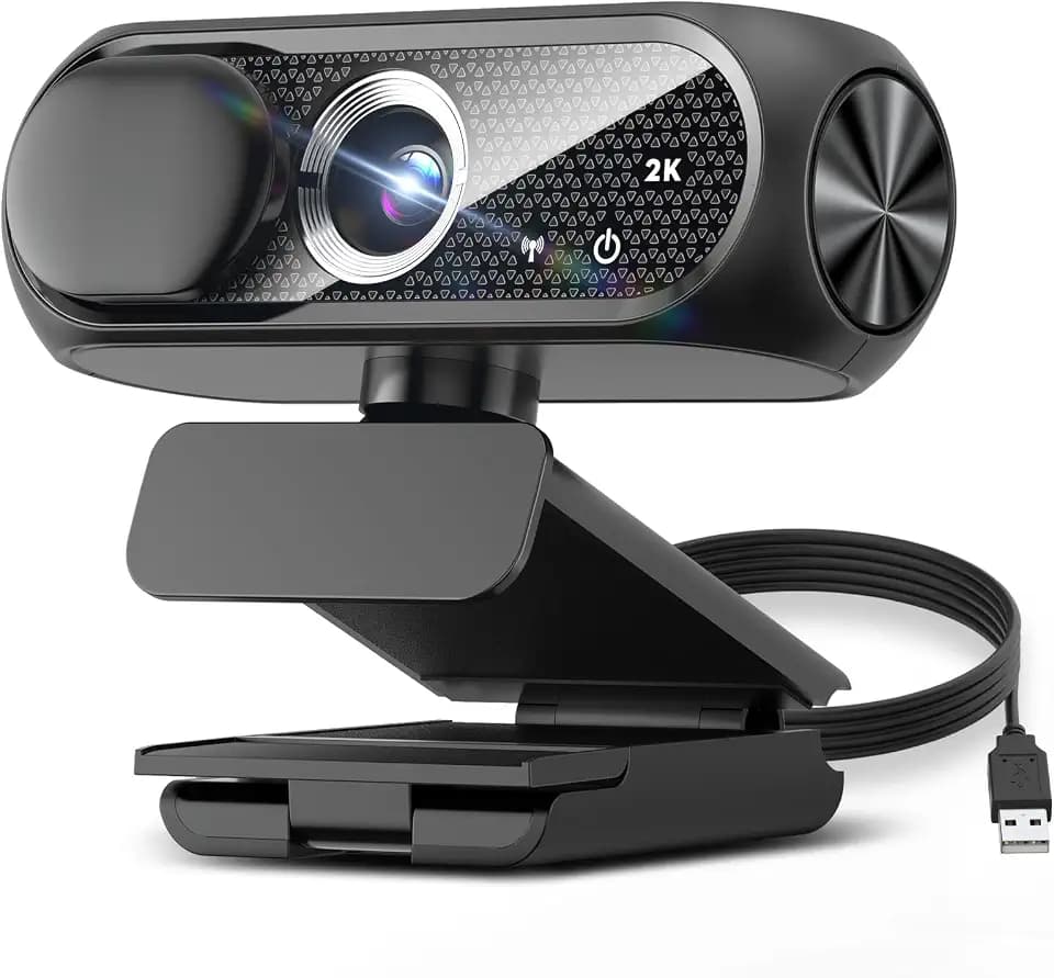 2K Webcam with Microphone, Wide-Angle Lens, Auto Light Correction, Plug & Mac, Zoom, Skype, Streaming (Black)