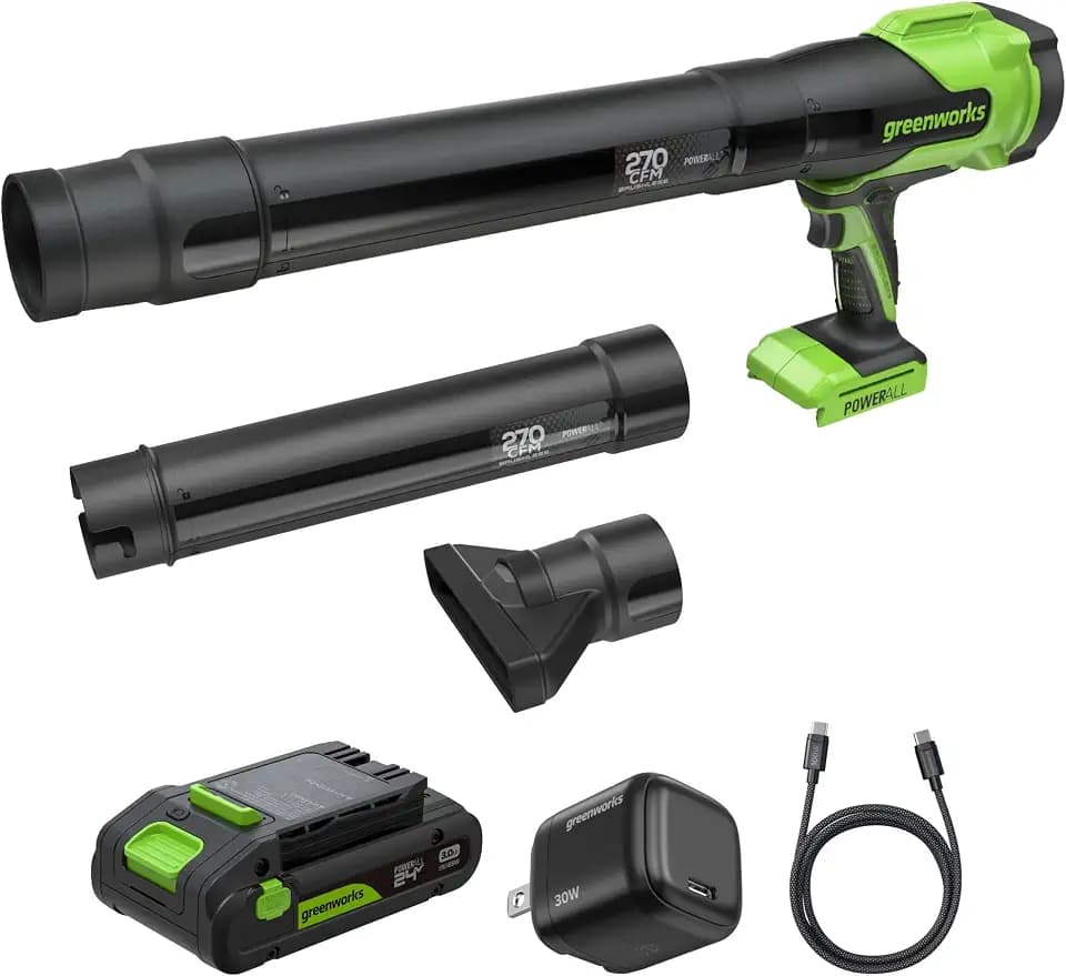 Greenworks 24V Handheld Leaf Blower, 270 CFM, 3.0 Ah Battery and Charger