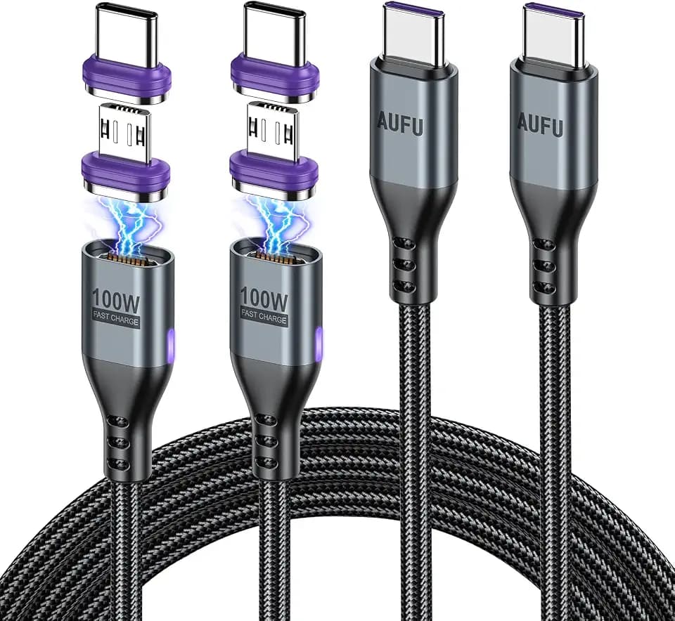 AUFU 100W Ladekabel Magnetisch [2Stück 1m 1,8m], 16PIN Flach Magnet Ladekabel 2 in 1 Typ C Schnellladung Magnetisches Kabel mit USB C/Micro für Phone 16 Pro Max/Mac-Book Pro Pad Air Galaxy S24/S23