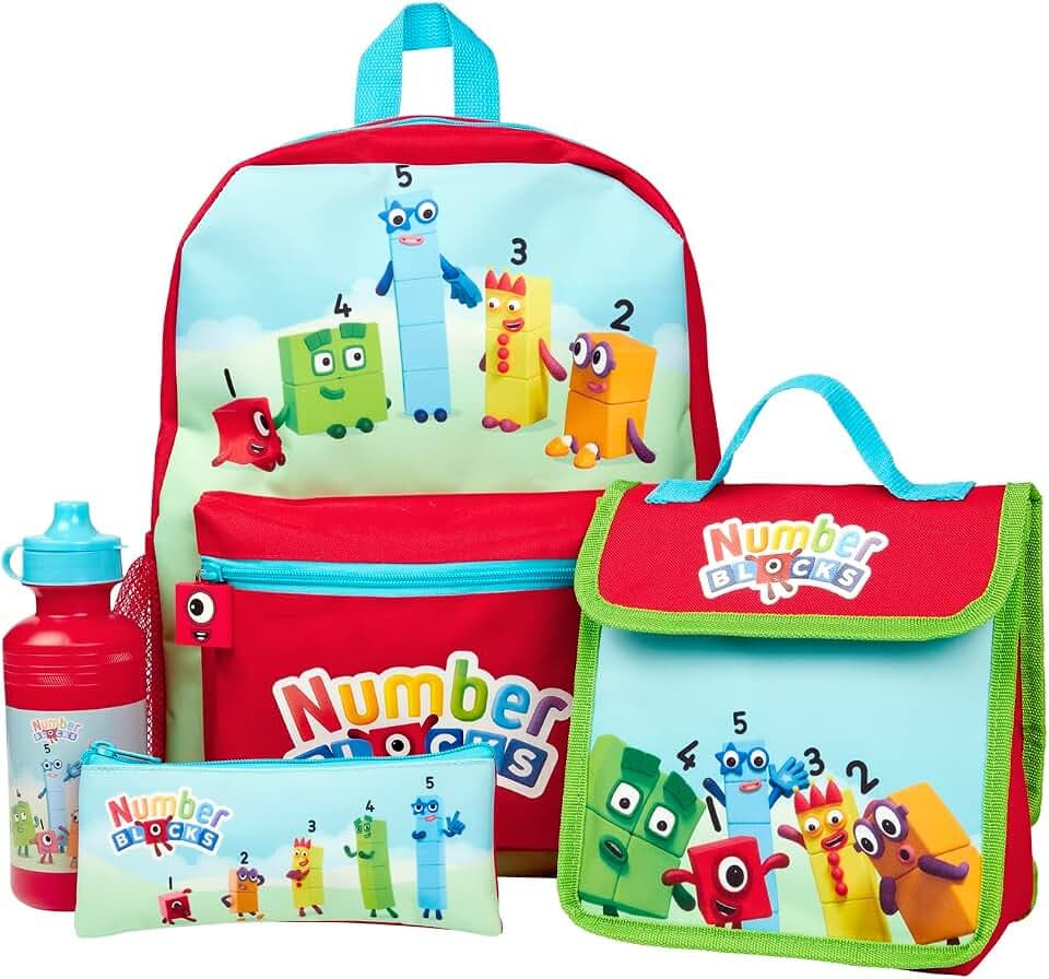 Numberblocks Kinderrucksack 4-teiliges Schulset inkl. Lunch-Tasche, Wasserflasche und Federmäppchen, rot