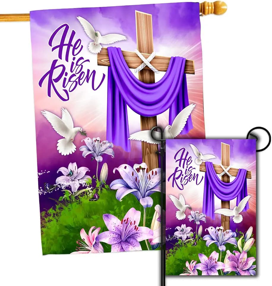 Set 2 He is Risen Easter Garden Flag, Easter Flag Garden, Easter Outdoor Decor, Jesus Easter Flags for Garden, Set 2 Easter Outdoor Flag 28x40 Double Sided and Easter Flags 12x18 double sided (House and Garden Flag)