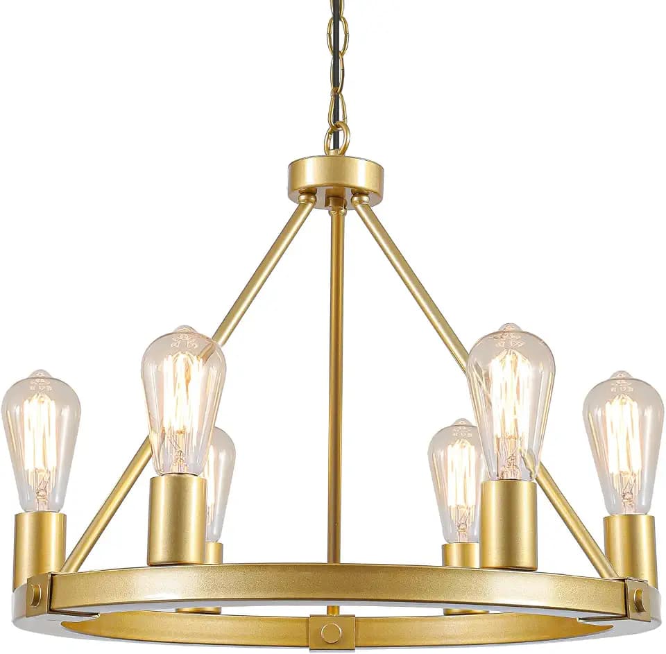 9MMML Gold Wagon Wheel Chandelier, 6-Light Industrial Pendant Light, 20'' Farmhouse Ceiling Hanging Chandelier Light Fixture for Living Room, Bedroom, Entryway, Foyer
