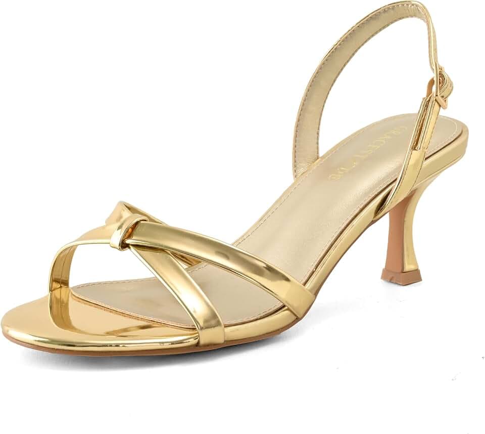 Women's Slingback Kitten Heels Strappy Heeled Sandals Adjustable Buckle Round Toe Comfortable Casual Dress Pumps Shoes