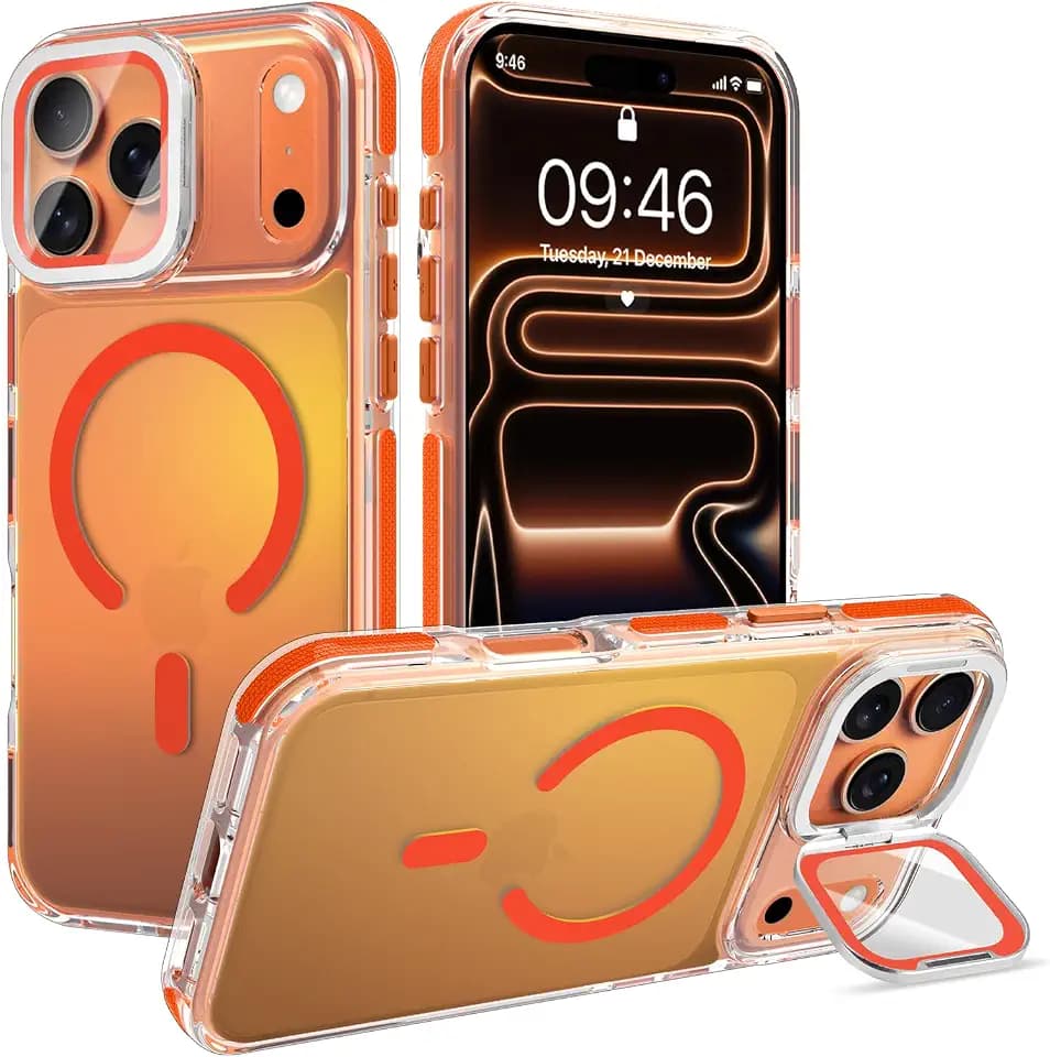 Cute Case for iPhone 17 Pro Case with Camera Lens Protector Stand for Women Girls Men [Compatible with Magsafe] Aesthetic Glitter Sparkly Bling Magnetic Phone Cover, Iridescent Orange