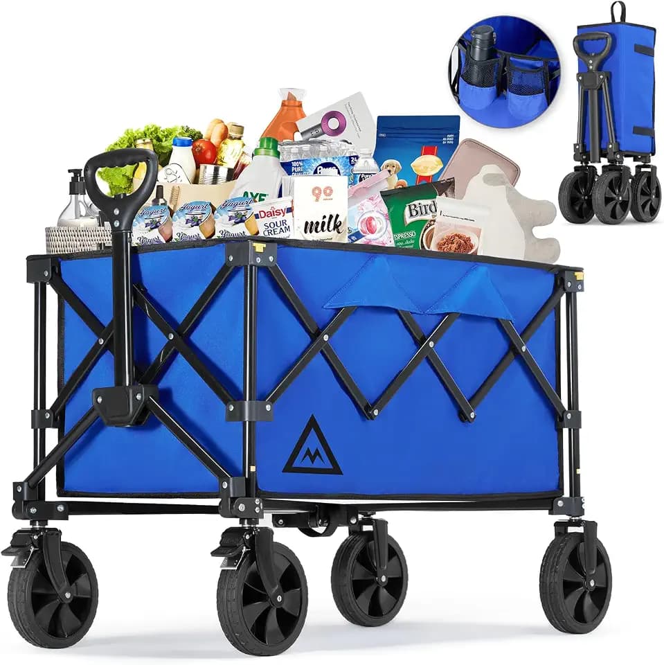 Folding Wagon Cart with Wheels, Utility Shopping Wagon Cart, Blue