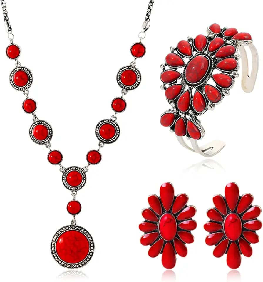 Bohemian Western Natural Turquoise Jewelry Set for Women Handmade Y-shaped Necklace Vintage Cowgirls Silver Geometric Flower Earrings Boho Ethnic Bracelet Trendy Gifts