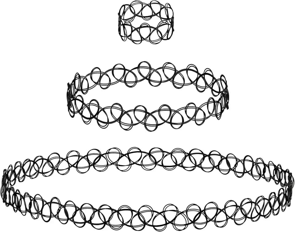 BodyJ4You 3PC Tattoo Choker Set Necklace Bracelet Ring - 90s Necklace 2000s Y2K Fashion Vintage - Stretchy Elastic Neck Lace Women's - Gothic Black Multicolor Rainbow - Classic Fashion Trend