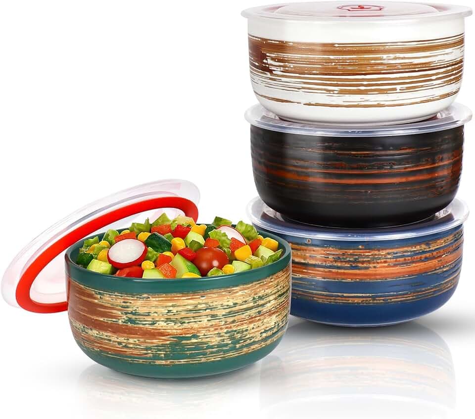 4er Set Keramikschale mit Decke, 680 ml, 15 cm, Suppenschüssel Set