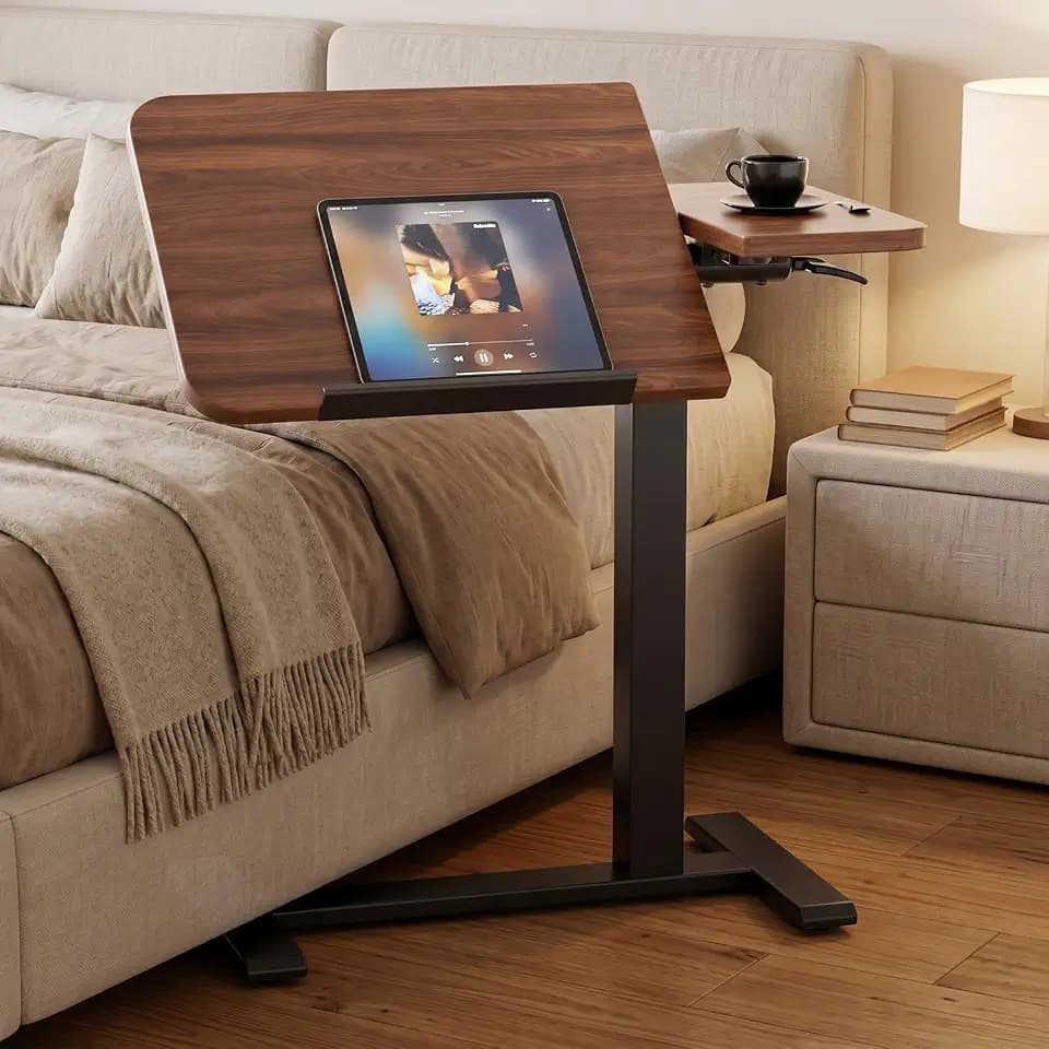 GTPLAYER Pneumatic Adjustable Standing Desk, 28 Inch Tiltable Mobile Rolling Laptop Table with Wheels, Overbed Bedside Table Computer Workstation for Home Office, Walnut