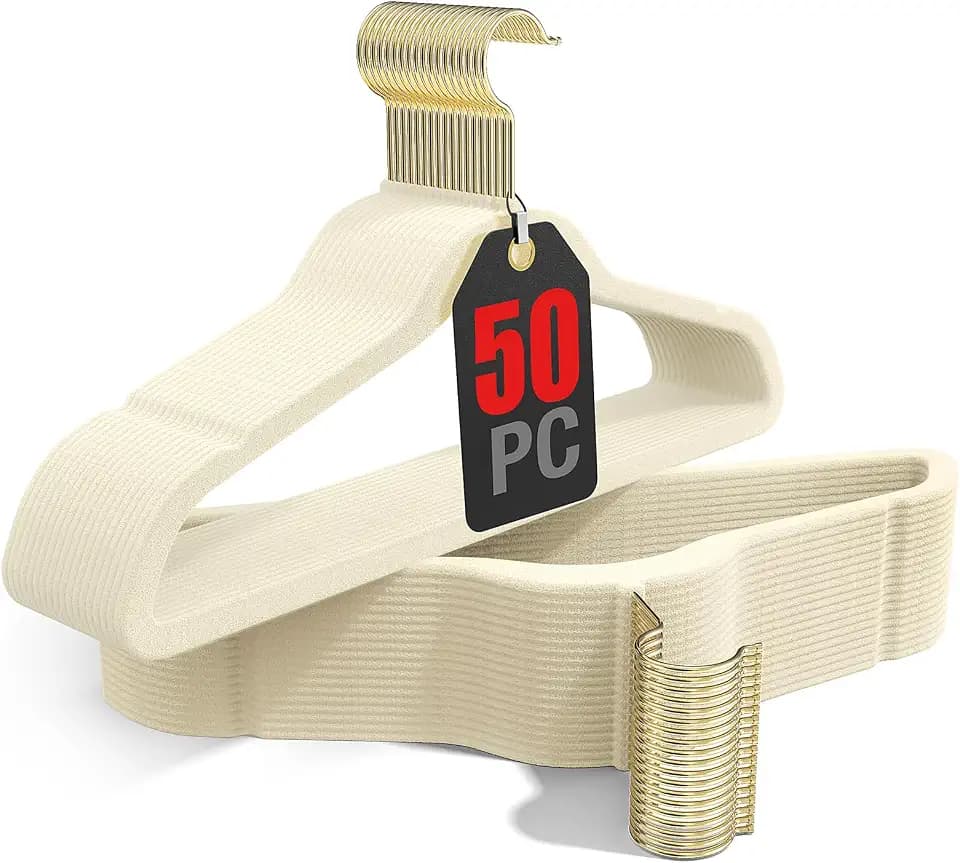 Korpai 50 Pack Beige Velvet Hangers,Felt Hangers with Gold 360°Swivel Hook,Coat Hanger Non Slip,Heavy-Duty,Space Saving,Slim Clothes Hangers for Pants,Outfit,Skirts,Suits,Coats,Dresses ect.
