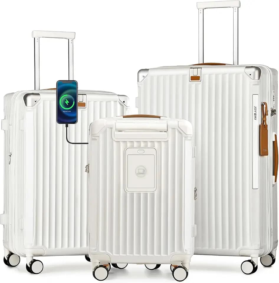 Joyway 3 Piece Set Hardside Expandable Luggage with USB Charging Port and Cup Holder, TSA Lock Spinner Wheels Suitcase for International Travel, Lightweight Carry On Checked Baggage, White