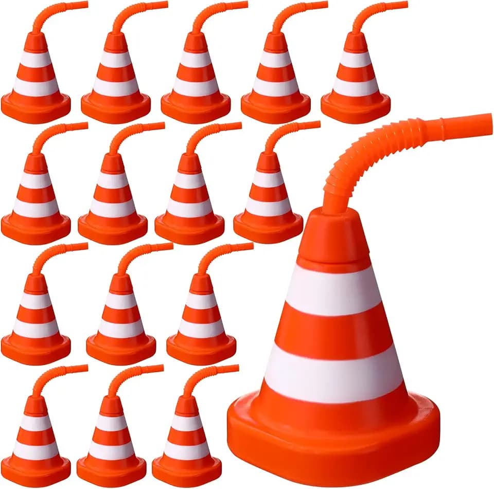 Sawysine 16 Pack Construction Cone Cups with Straws, 10 oz Kids Party Set