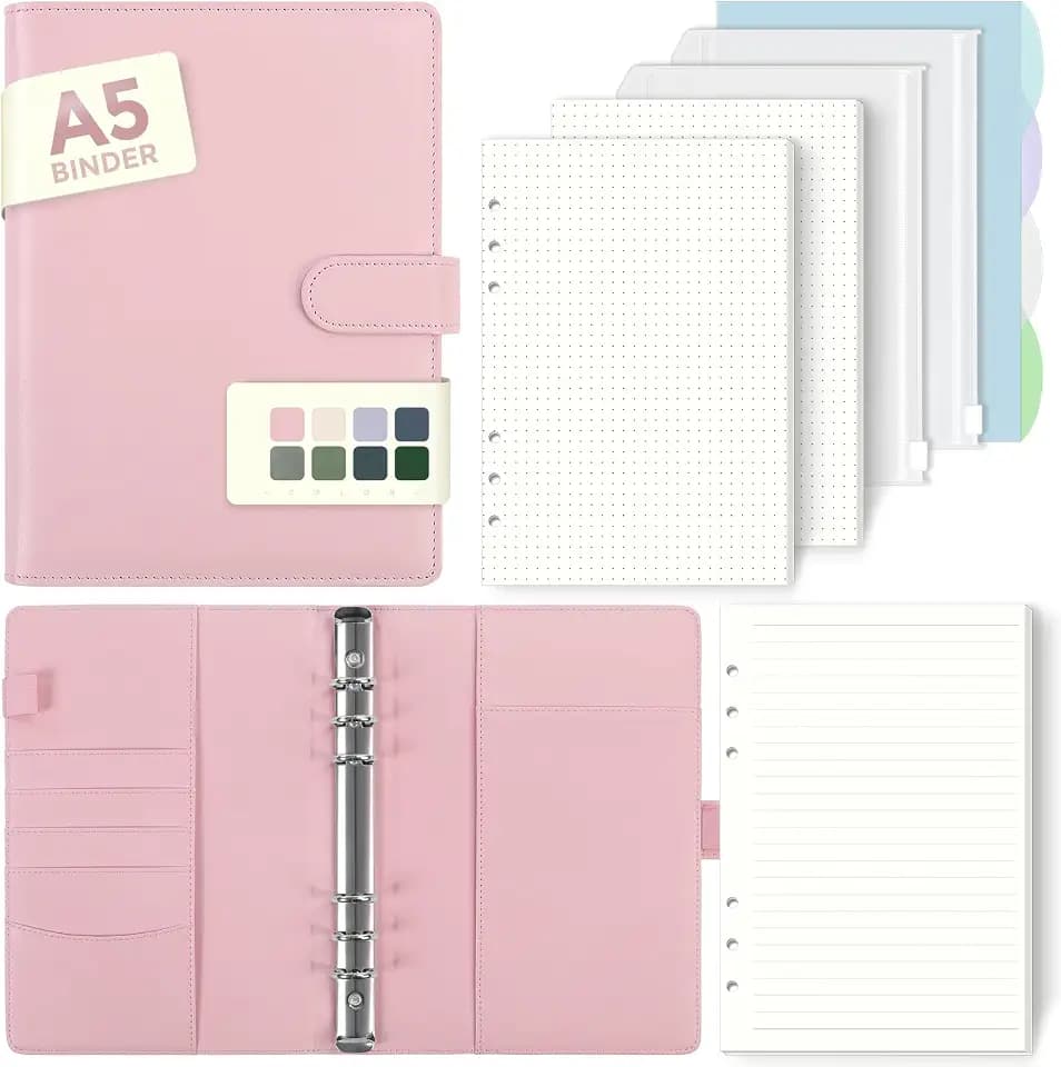 SKYDUE A5 Ringbuch, Ringbuch A5 Nachfüllbar,135 Blätter Nachfüllpapier, Notizbuch Mit Bindertaschen, a5 Binder Für Schulnotizen Und Reisetagebücher (Hellrosa)
