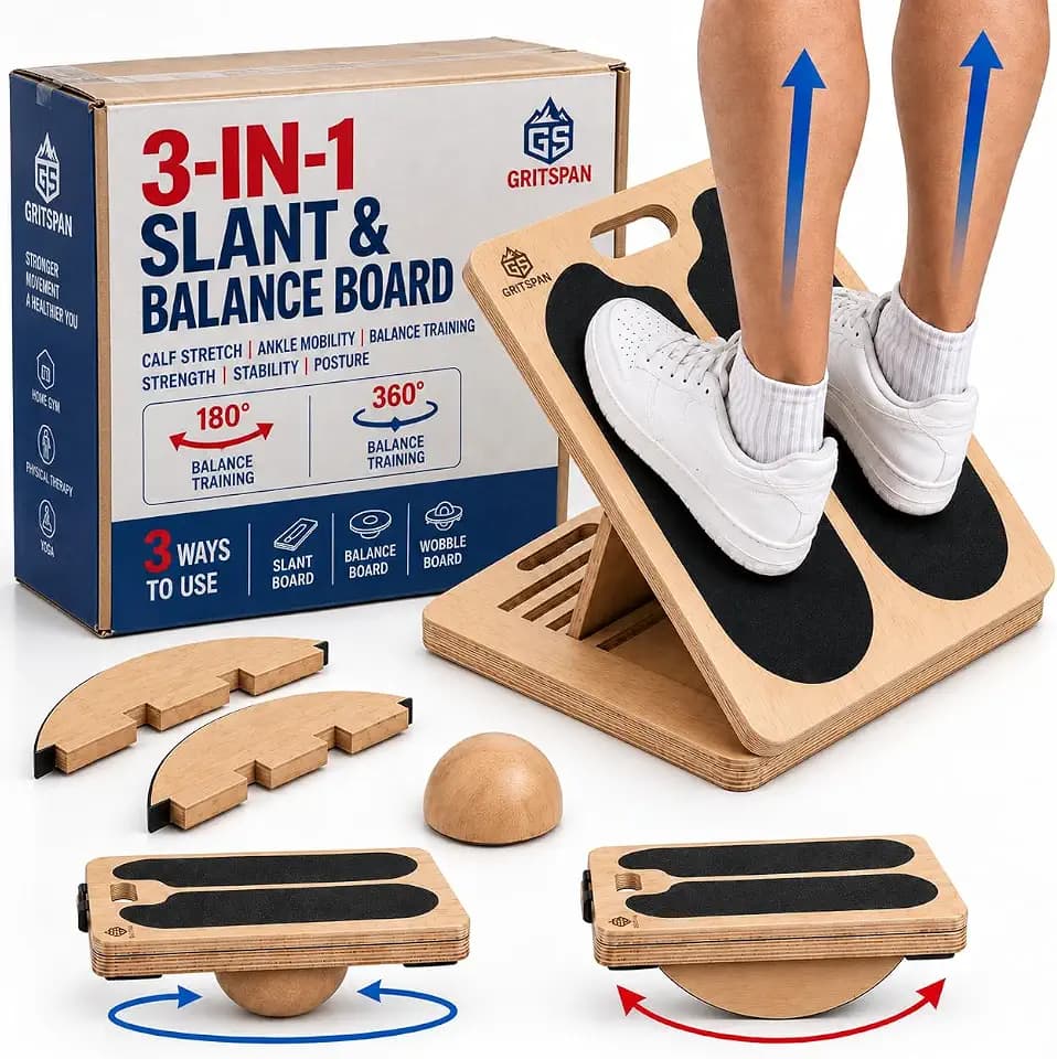 Slant Boards for Exercise, 3-in-1 Wooden Calf Stretcher, Rocker Balance Board and 360° Wobble Board, 5 Adjustable Angles, Anti-Slip Surface, Training Poster Included