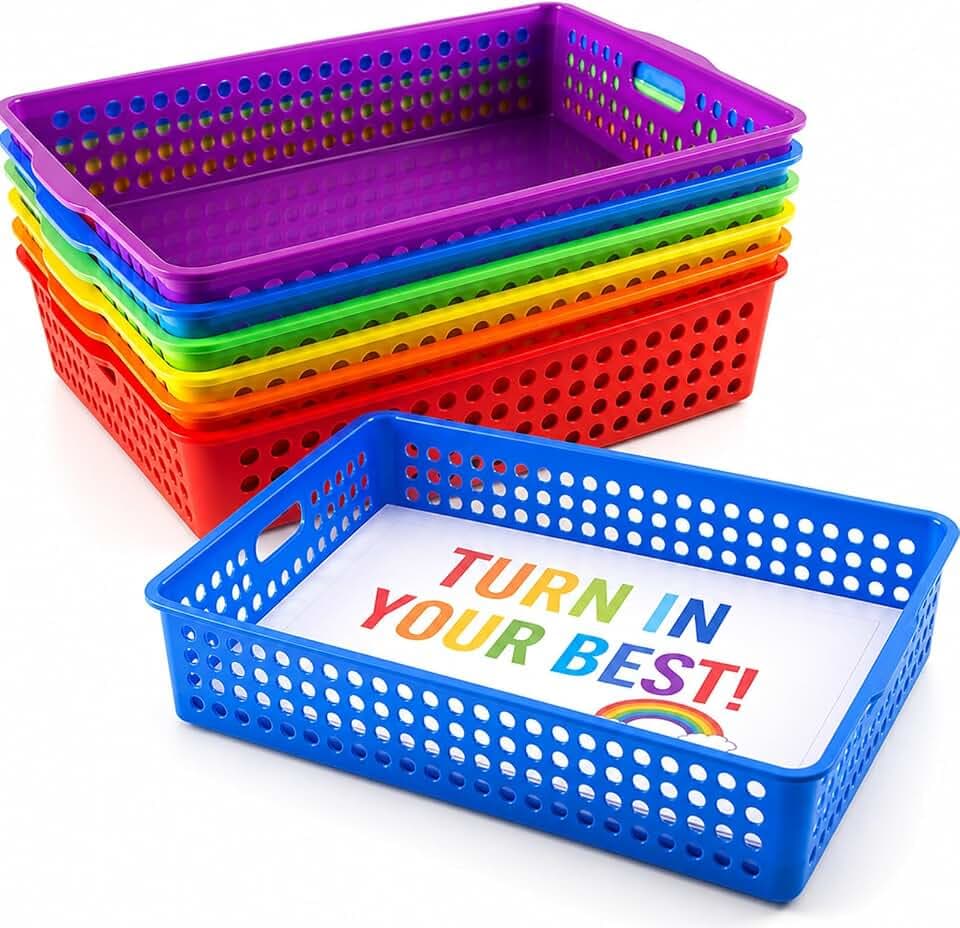 Svartur Classroom Paper Tray Set of 6, Plastic Turn in Trays for Classroom, Stackable Letter Size Organizer Bins with Handles, Teacher Storage Baskets for School Supplies, Art, Office Organization