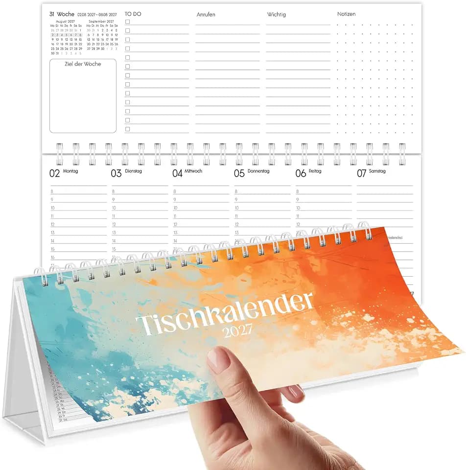 SKYDUE Tischkalender 2026 2027, Tischkalender 2027 Quer Orange