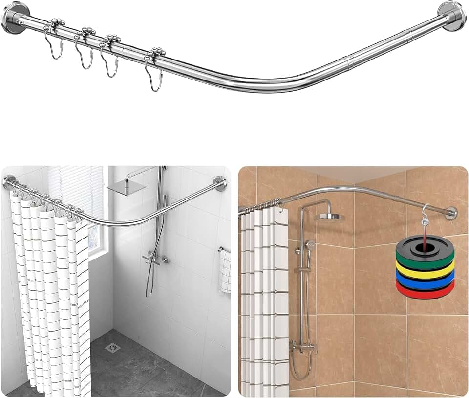 Duschvorhangstange L-förmig, verstellbar 70–100 × 70–100 cm, Edelstahl 304 | Eckduschstange mit 18 Edelstahlringen, bohrende oder bohrfreie Montage, geeignet für Badezimmer und Badewanne