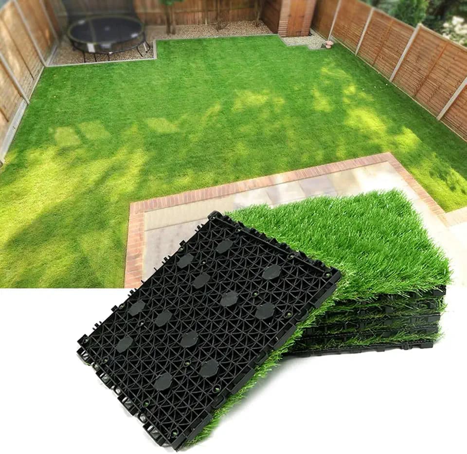 Artificial Grass Turf Tile Fake Grass Flooring Mat Interlocking Self-draining 12''x12'', 1.7'' Height (1.38in Grass)