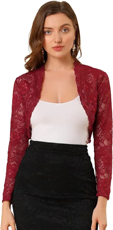 Allegra K Women's Elegant Crop Cardigan Sheer Floral Lace Bolero Shrug Top
