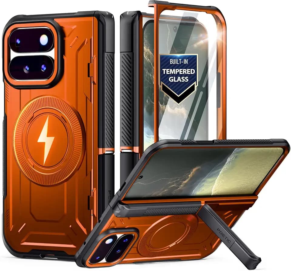 Poetic Rugged Case for Google Pixel 11 Pro Fold, MagSafe Full-Body Protective Cover with Built-in Kickstand & Tempered Glass Screen Protector, Military Grade Drop Proof - Metallic Orange