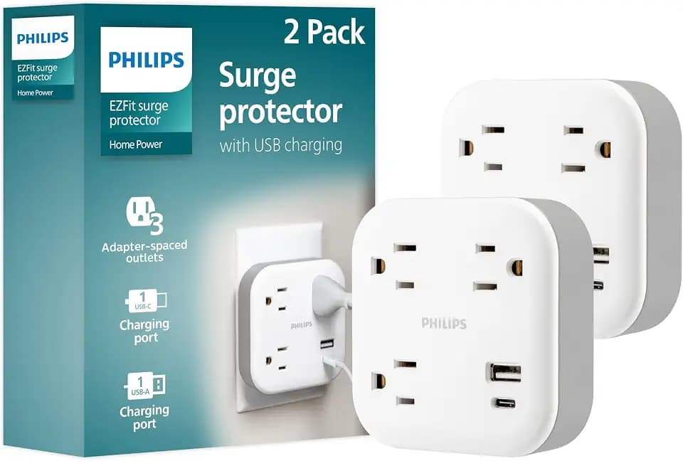Philips Surge Protector Outlet Extender with USB Ports, 2 Pack, 3 Prong