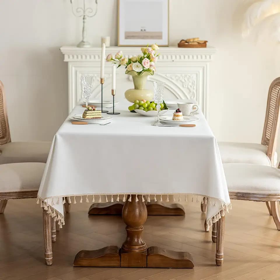 Heavyweight Polyester Tablecloth with Tassel Fringe, 55 x 86, Warm White