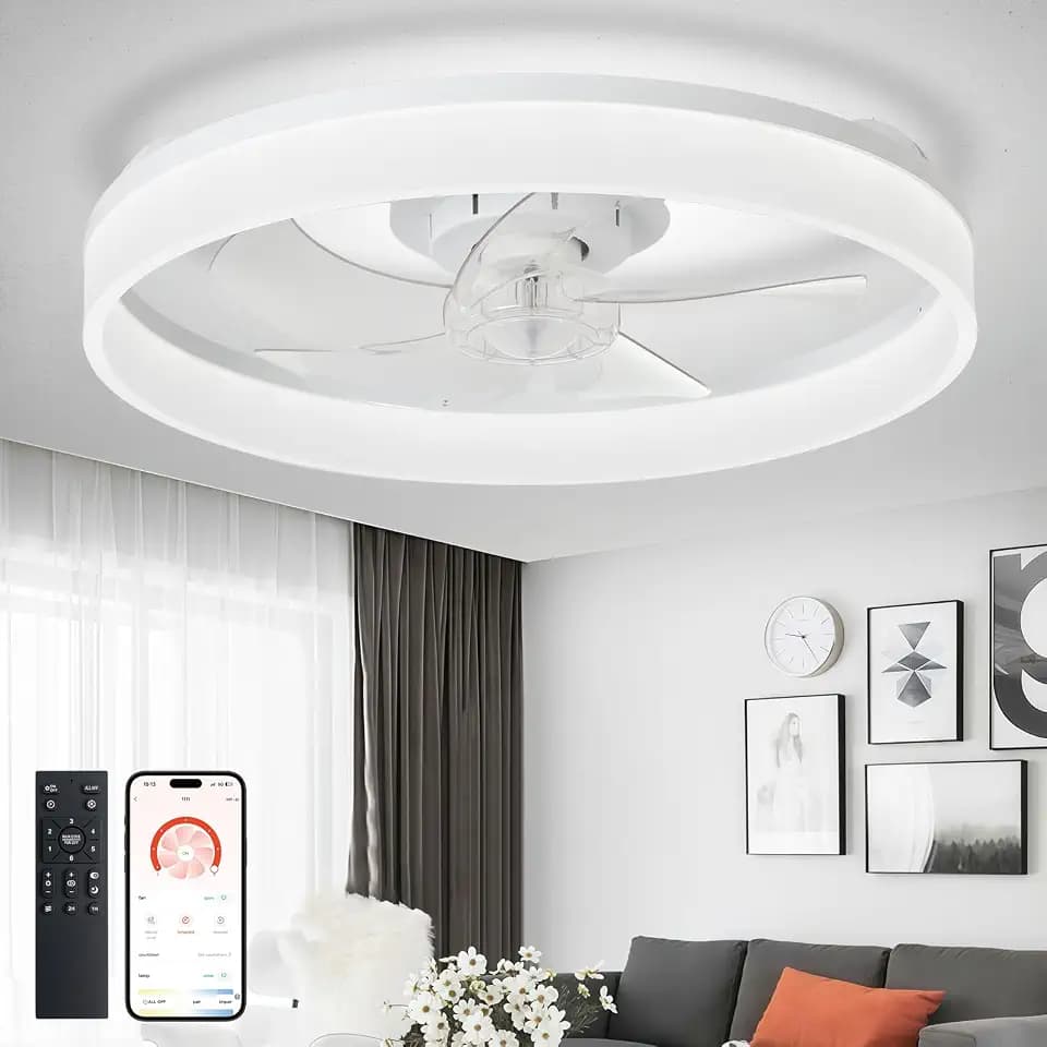 DLLT Modern Ceiling Fans with Lights: 20" Full Package Low Profile Ceiling Fan with APP Remote Control - White Flush Mount LED Bladeless Fandelier Dimmable Quiet DC Motor for Bedroom Living Room