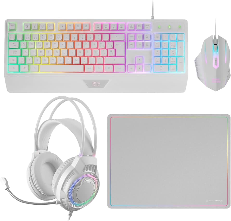 Mars Gaming MCP124PRO, Französisch, Gaming-Combo 4in1, RGB H-Mech-Tastatur mit Handballenauflage, RGB-Maus 3200DPI HUANO-Schalter, FRGB-Headset, Nanotextil-Mauspad 36x26cm, Multiplattform, Weiß