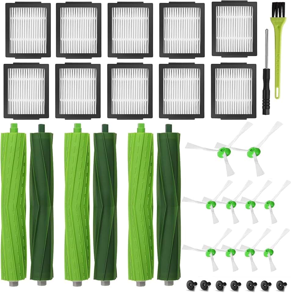 Ersatzteile für iRobot e/i/j Serie, Ersatz Zubehör für Roomba i7 i7+ i3 i3+ i4 i4+ i6 i6+ i8 i8+ j7 E5 E6 E7, Enthalten 6 Gummibürsten, 10 Filters, 10 Seitenbürsten