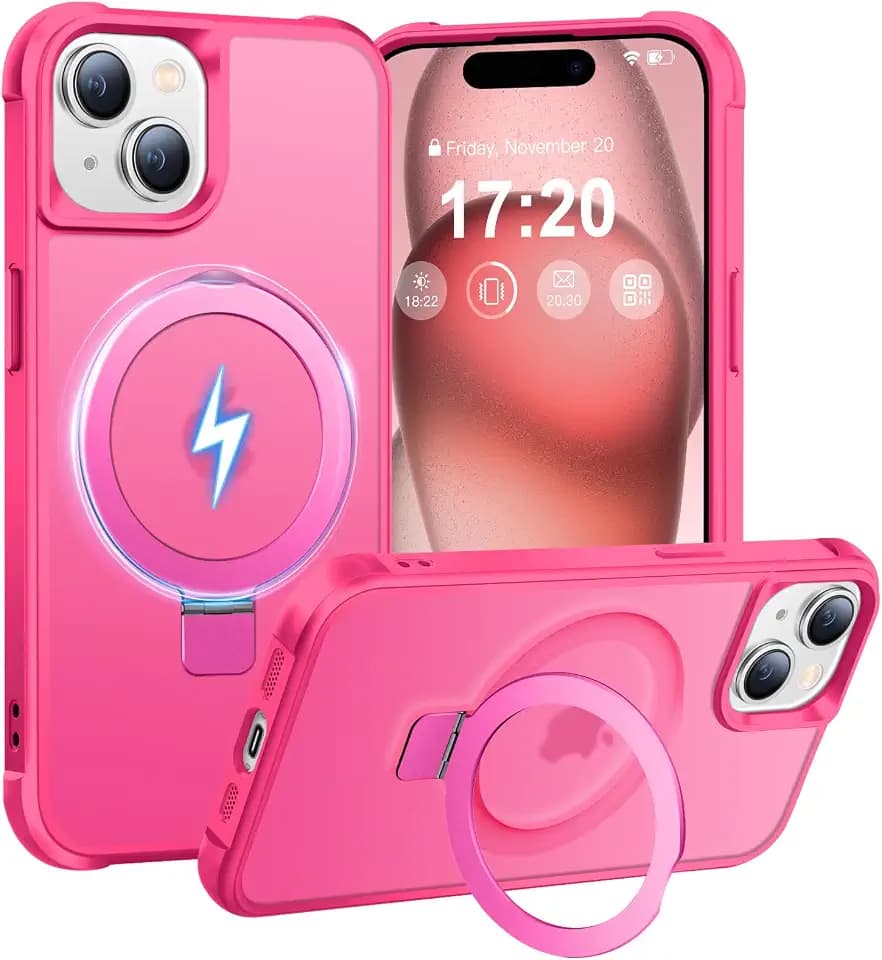 Magnetic Ring Stand Case for iPhone 15, Rose Red