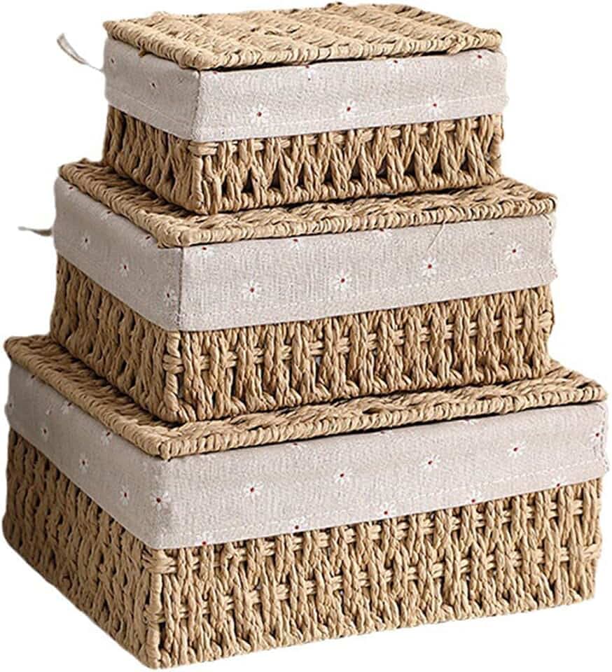 Aufbewahrungskorb 3er Set mit Deckel – Geflochtene Papierseil-Körbe mit Baumwollfutter, Boho Aufbewahrungsbox für Spielzeug, Badezimmer, Wohnzimmer – Naturfarben & Stapelbar (Beige)