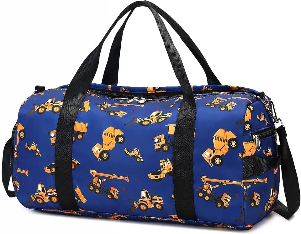 CAMTOP Kids Duffel Overnight Bag Boys Girls Toddler Weekender Carry-On Personalized Tote for Travel Gym Sport (B-Engineering Vehicle)
