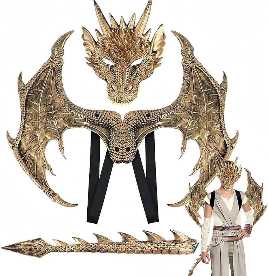 PASLFC Drachenkostüm 3 Stücke,Drachen Kostüm, Drachenflügel Kostüm, Drachen Maske, Halloween Drachenflügel Set, Dinosaurier Cosplay Set für Karneval Party