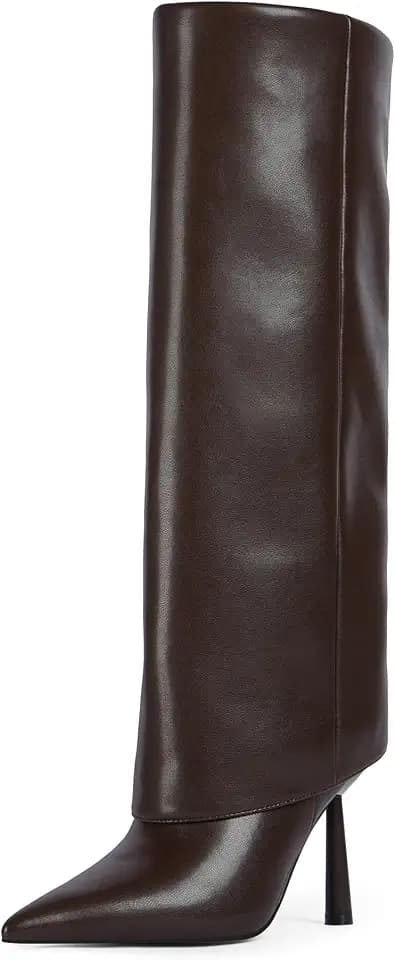 Modatope Fold Over Knee High Boots Pointed Toe Stiletto Heel Shark Boots
