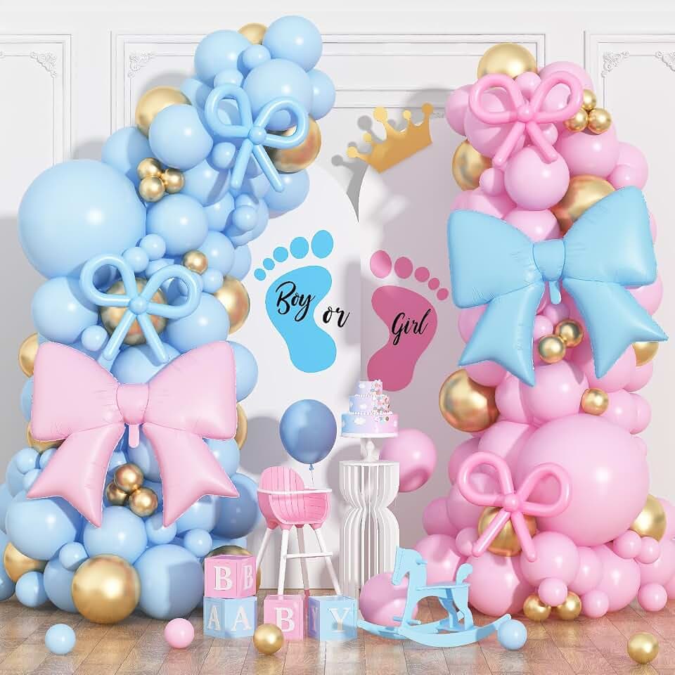 Pink and Blue Balloon Arch Kit 121Pcs Gender Reveal Boy or Girl Balloon Garland Kit with Bow Foil Balloons Pastel Blue Pink Metallic Gold Birthday Party Balloons for He or She Baby Shower Decorations