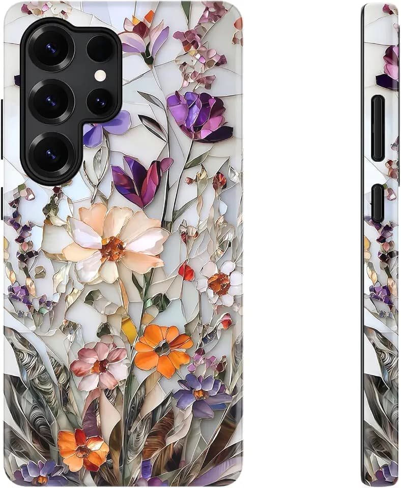 DEENAKIN for Samsung Galaxy S23 Ultra Case Cute,Aesthetic Stained Glass Wildflowers Girly Shell,Compatible with Magsafe,Unique Retro Western Protective Slim Silicone Phone Cover for Women Girls