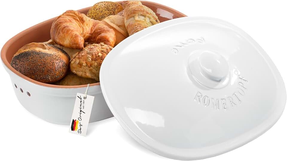 Römertopf Brottopf oval MAXI 6,5 L Brotkasten Keramik XXL, Weiß