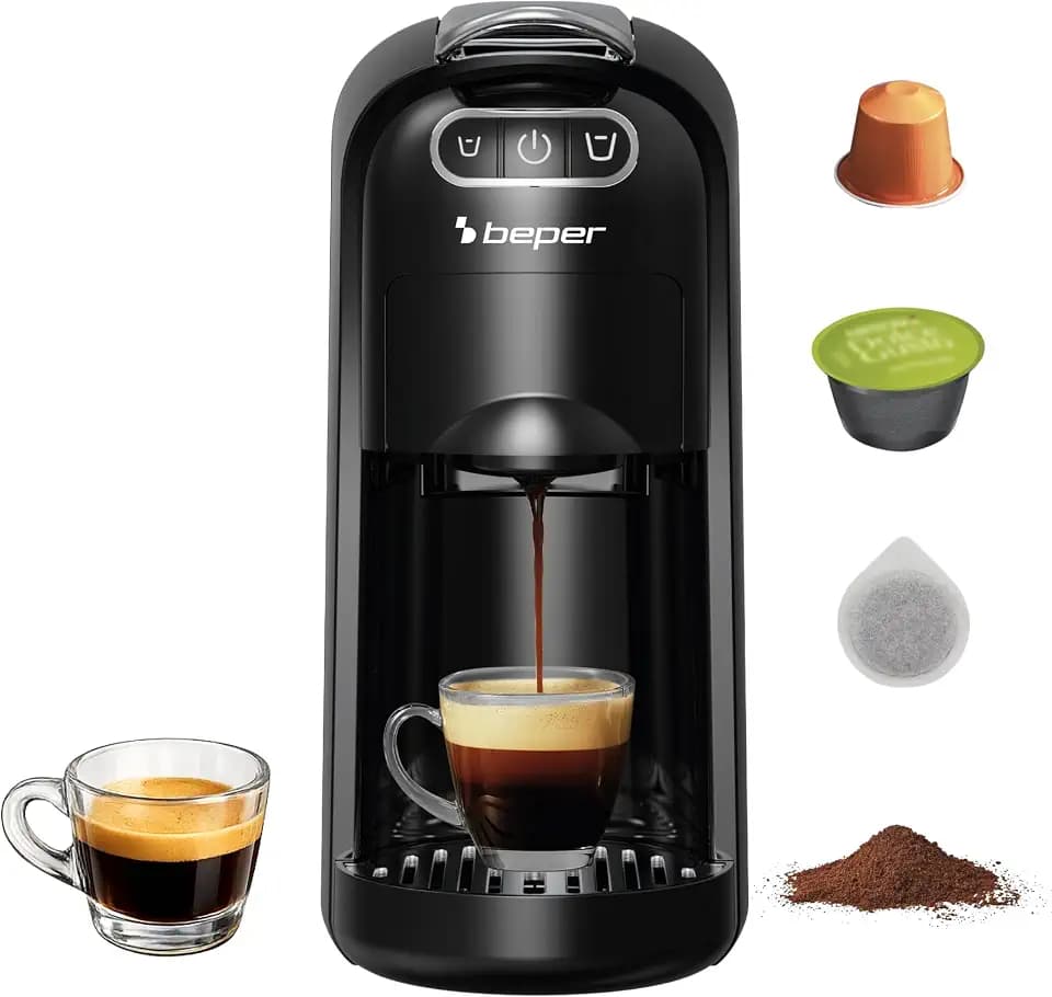 BEPER P101CAF200 Amata 4-in-1 Espressomaschine, 20 Bar, kompatibel mit Nespresso®- und Dolce Gusto®-Kapseln, ESE-Pads und gemahlenem Kaffee, 1400 W, 700 ml Wassertank