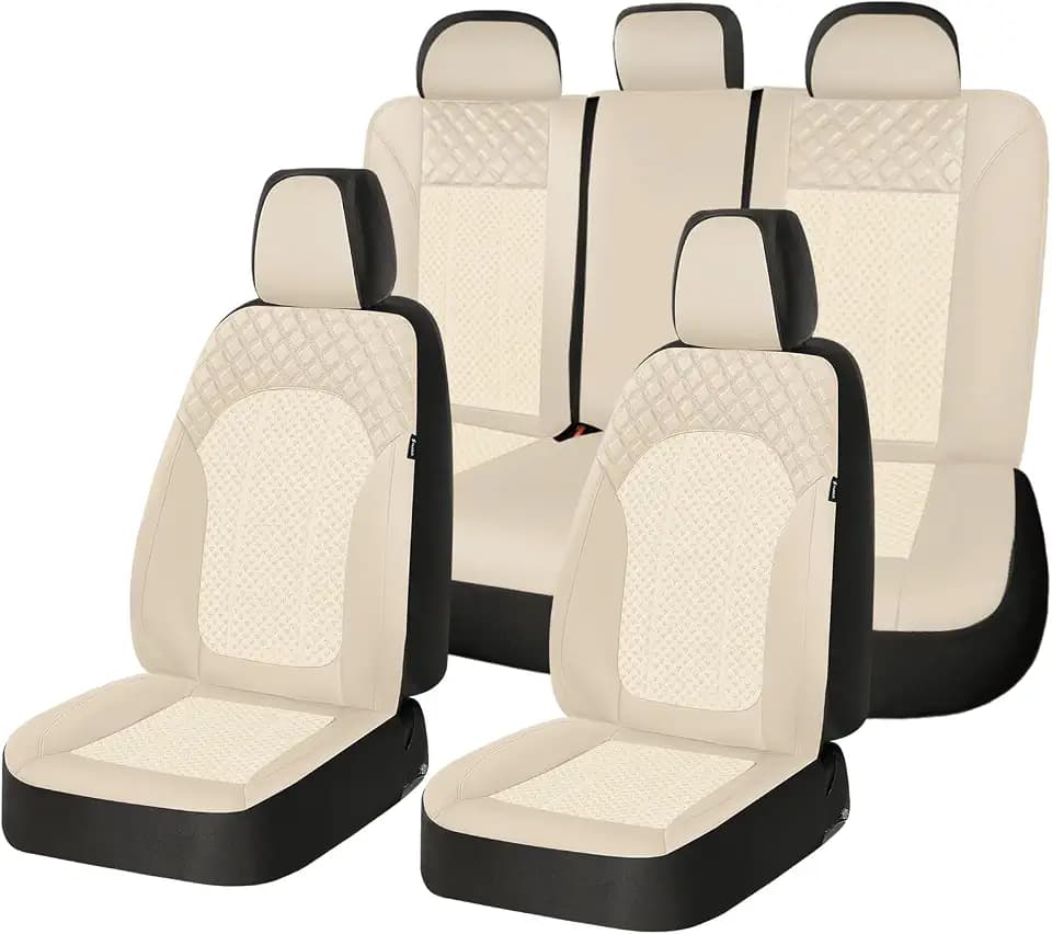 FLORICH Seat Covers Full Set Automotive Seat Covers Front and Rear Car Seat Cover Leather Air Mesh Seat Cushion 5 Seats Airbag-Compatible Universal Fit for Most Car SUV Sedan Truck, Beige