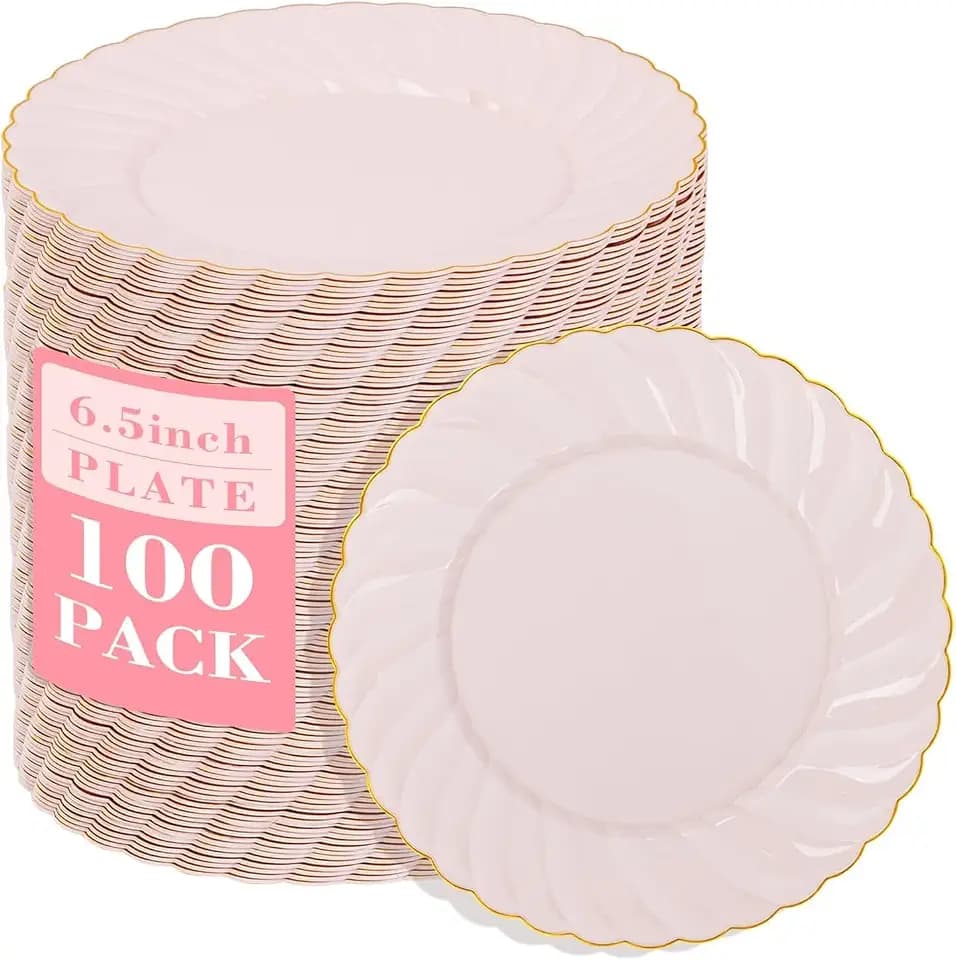 YOUBET 100Pack Pink Scalloped Plastic Plates for Party Weeding Birthday