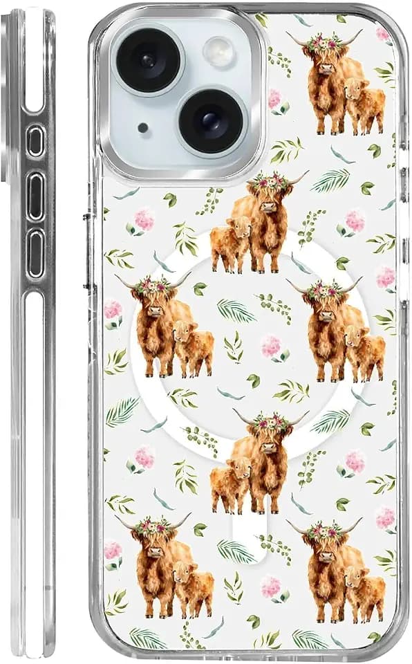 for iPhone 15 Case [Compatible with Magsafe],Girls Women Clear Magnetic Case Silicone Shockproof Protective Cover with Pattern Cattle Leaves Flowers