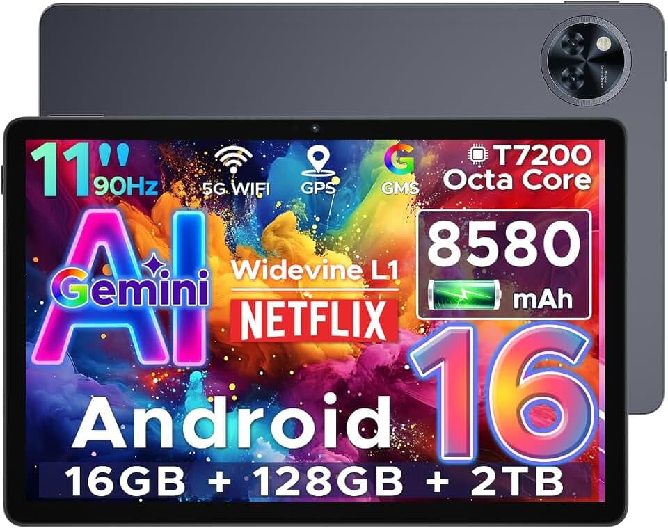 U11 Android 16 Tablet 11 Zoll Gemini AI 16GB RAM +128GB ROM (2TB TF), 8580mAh Gaming Tablet Unisoc T7200 Octa-Core, Widevine L1+13MP+5MP Tablets PC, 2.4G+5G WLAN GMS/3.5mm Audio/OTG/GPS/Face ID