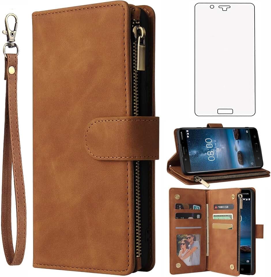 Asuwish Kompatibel mit Nokia 8 Wallet Case Gehärtetes Glas Displayschutzfolie und Leder Flip Cover Kartenhalter Ständer Handyzubehör Kredit ID Slot Magnetische TPU Handyhüllen für Nokia8 Damen Herren