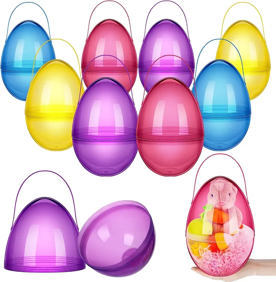 Funtery 8 Pcs Jumbo Easter Eggs 10 Inch Plastic Giant Easter Eggs with Handles, Clear Large Baskets Fillable Big Bunny Egg Shaped Baskets Containers Decoration (Multi Colors)