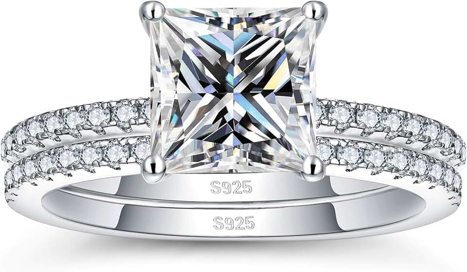 WES 925 Sterling Silver Princess Cut Moissanite Bridal Ring Set for Women