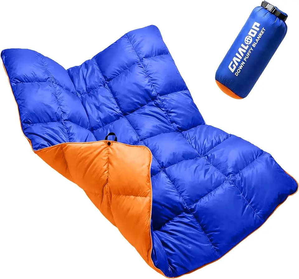 Gaialoop Down Puffy Blanket for Car Camping Outdoor Travel Backpacking, Duck Down Lightweight Portable Soft Warm Cozy Camping Blanket Quilt, 53"x78", Lake Blue
