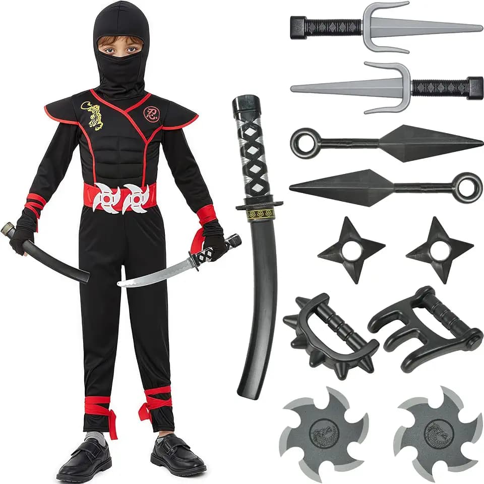 WANGWANG Ninja Kostüm für Kinder, Ninjago Kostüm mit Ninja Dolchen und Wurfsternen für Halloween Verkleidung Karneval Party Cosplay Dress Up, Faschingskostüme Junge