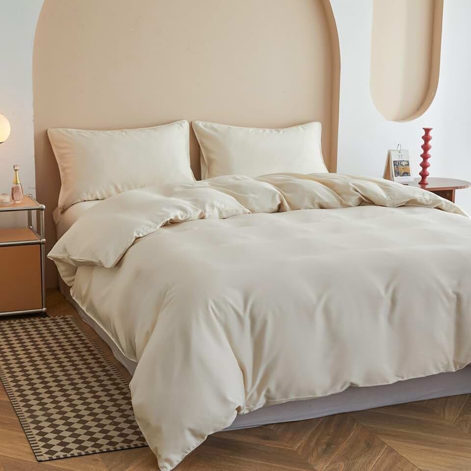 Simple&Opulence Bettwäsche-Set für Einzelbett, Bambus-Viskose, seidig und weich, luxuriös, kühlendes Bettlaken, perfekt für Haut und Haar, mit Kissenbezügen (135 x 200 cm, Beige)