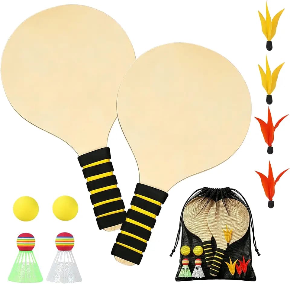 Beach Ball Spiel Set, Draußen Kinder Beachball Ballset with 2Schläger 6Federbälle 2Haltbare Plastikbälle 1Tasche, Strandball Schlägerset Sommer Paddleball Spielset für Party