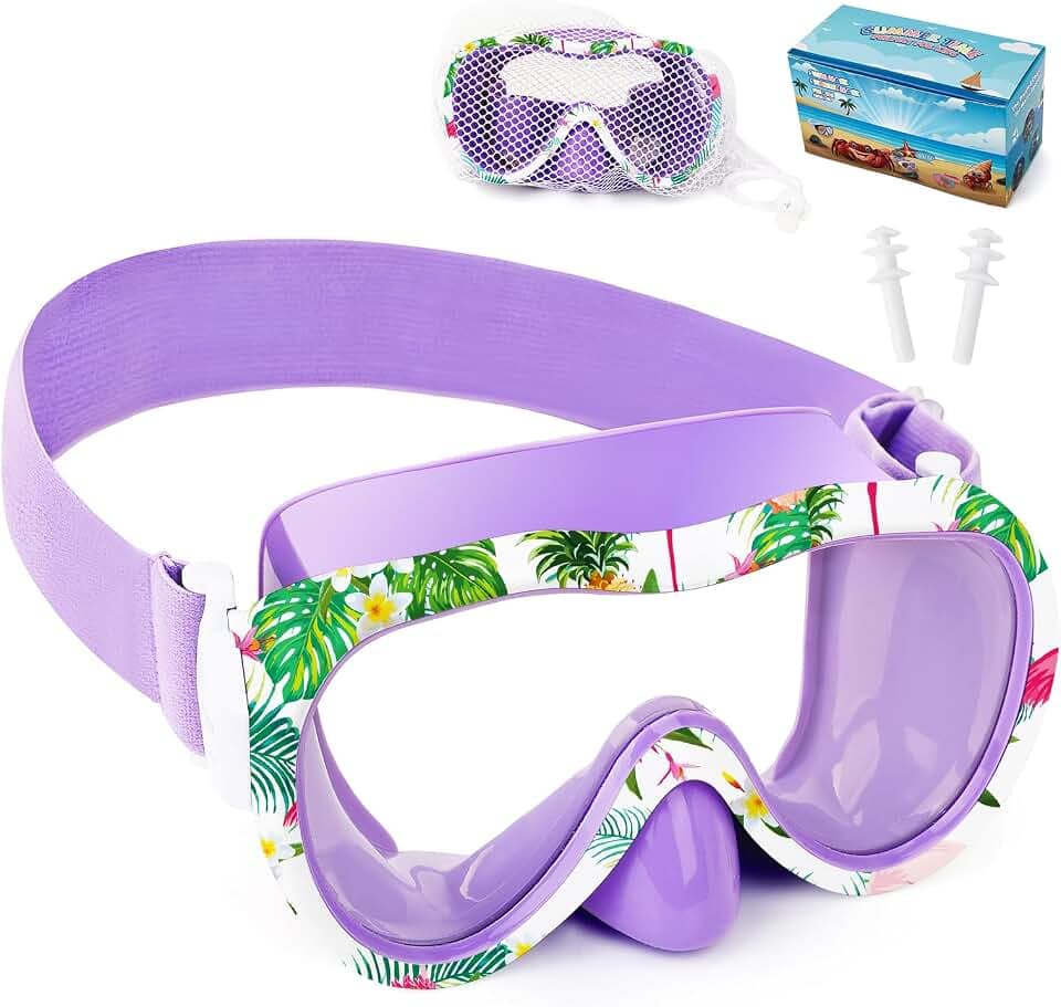 Kids Swim Goggles 180° Snorkel Diving Mask with Nose Cover, Anti-Fog Kids Swimming Goggles with Elastic Fabric Strap for Kids Boys Girls